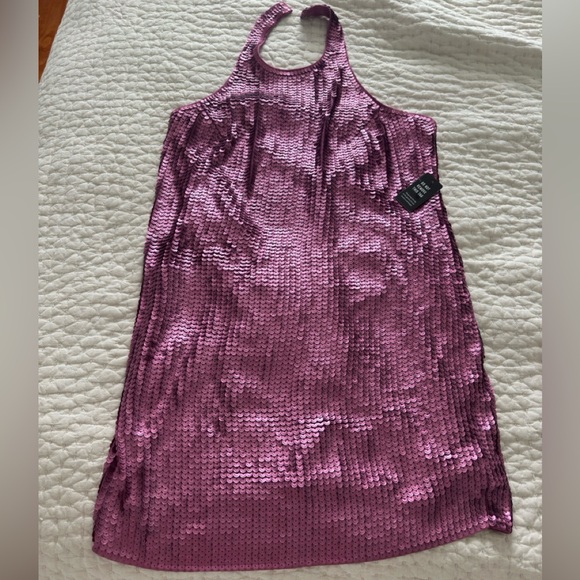 PRICE FIRM Mardis Gras Purple Matte Sequin Backless Halter Mini Dress LG - Picture 4 of 6